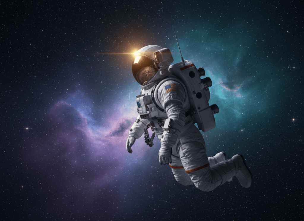 Fotografía realista de un astronauta frente a una nebulosa estrellada