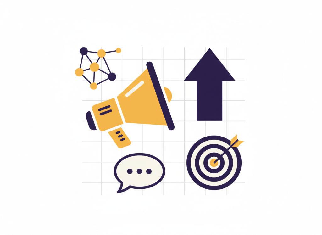 Iconos geométricos de marketing digital en violeta y amarillo